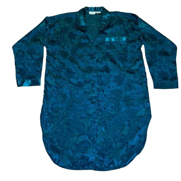 VTG Embossed Satin Night Shirt, Sleep Shirt, Nightgown, Green, Silky, Small - Picture 1 of 7